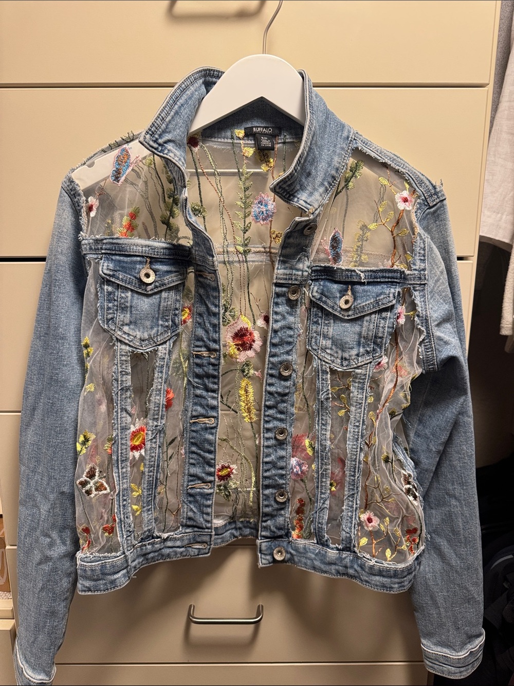 Buffalo David Bitton Light Blue Denim Jacket with Embroidered Floral Mesh